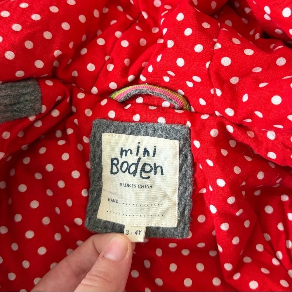 Mini Boden Girls Gray Wool Toggle Coat Polka Dot Lined Hooded Jacket